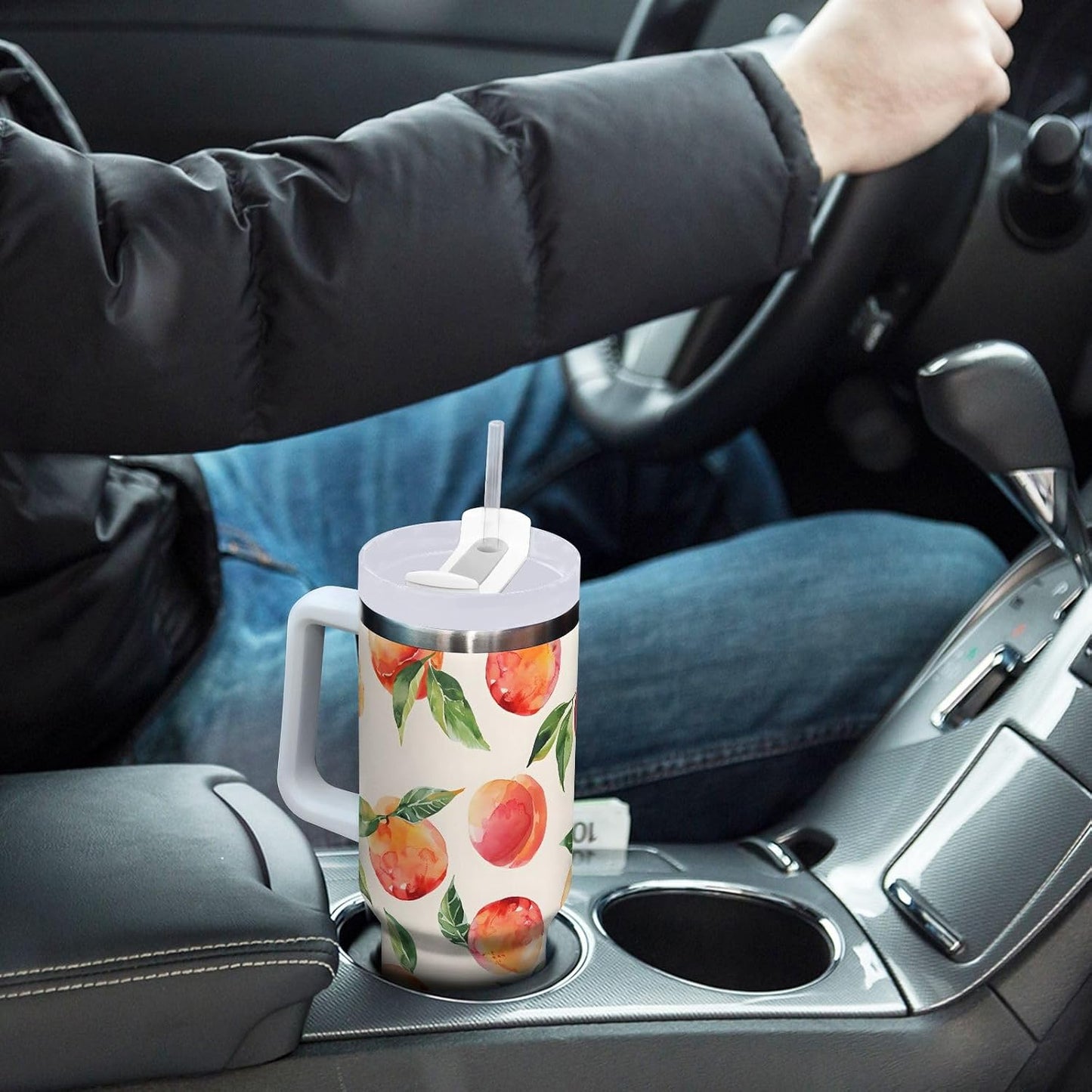 ALAZA Peach Watercolor Fruit Tumbler with Handle and Straw Lid Vacuum Insulated Cup Stainless Steel 30 oz