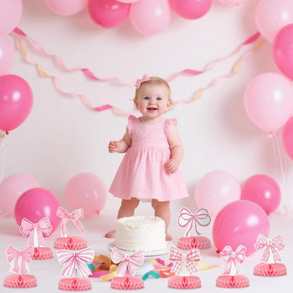 9Pcs Pink Bow Party Honeycomb Centerpieces Decorations, 3D Coquette Birthday Decorations, Pink Bow Table Decor for Birthday Bachelorette Bridal Party