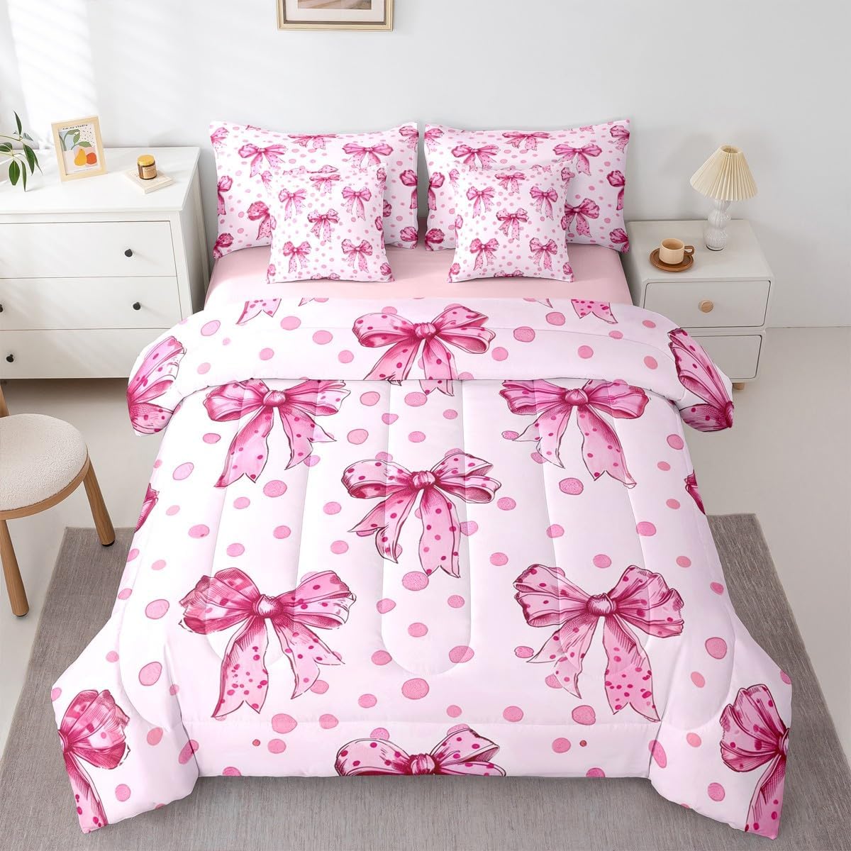 Erosebridal Pink Princess Bow Twin Comforter Set with Sheets 7 Piece Cute Coquette Bowknot Bed in A Bag Kawaii Ribbon Bow Bedding Sets for Kids Adults,Pink Watercolor Polka Dot Bed Set