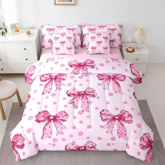 Erosebridal Pink Princess Bow Twin Comforter Set with Sheets 7 Piece Cute Coquette Bowknot Bed in A Bag Kawaii Ribbon Bow Bedding Sets for Kids Adults,Pink Watercolor Polka Dot Bed Set