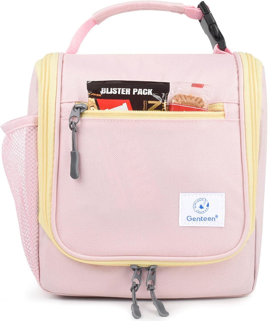 Genteen Kids Lunch Box, Insulated Lunch Bag for Kids, Toddler, Girl, and Boy; Holds Lunch Box, Water Bottle, & Snacks; Easy-Clean Water-Resistant Fabric & Multiple Zippered Pockets (Pink)