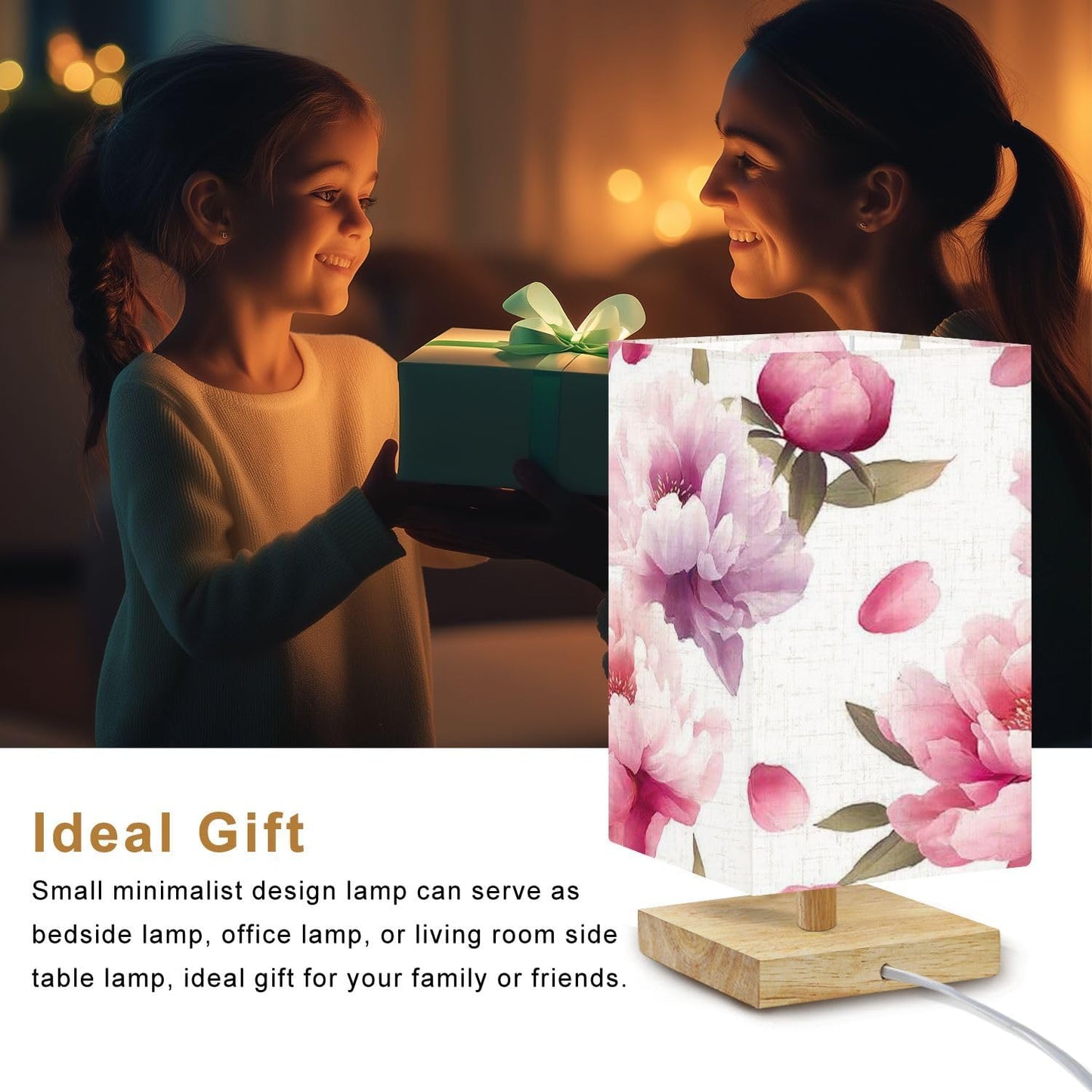 Square Table Lamp for Bedroom Soft Pastel Peony Floral Light Pink Purple Flowers Beside Lamps Desk lamp with Wood Base Nightstand Lamps for Nursery Living Room Home Decor