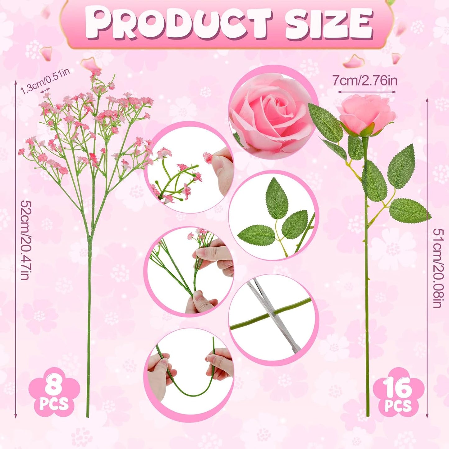 Ovveroche 24 Pcs Artificial Flowers Bouquet 16 Pink Roses and 8 Baby Breath Gypsophila Fake Silk Floral Arrangements for Wedding Party Home Decor Centerpieces