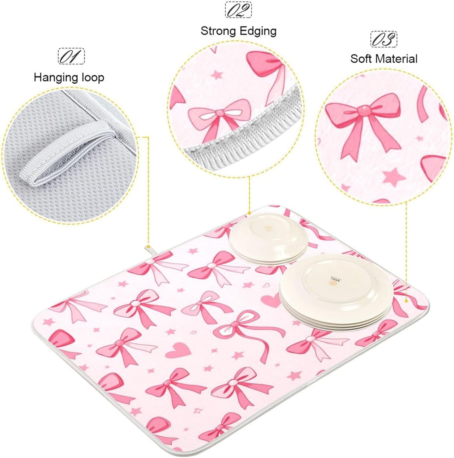 Kcldeci Pink Bows Heart Dish Drying Mat Kitchen Counter Mat Draining Mat Kitchen Accessories Dish Rack Pad for Dishes, Utensils, Countertops, Sinks 18x24in