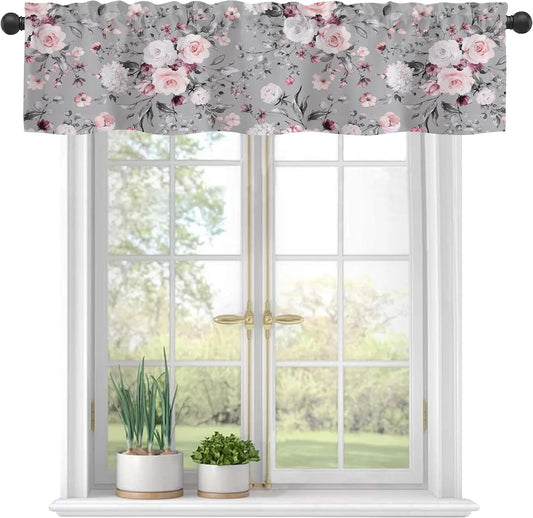 Curtain Valances, Pink Roses Flowers Semi Sheer Curtain Valances, Rod Pocket Short Window Treatment Light Filtering Decor Valances for Kitchen Living Room Bedroom Windows - 42"x12"