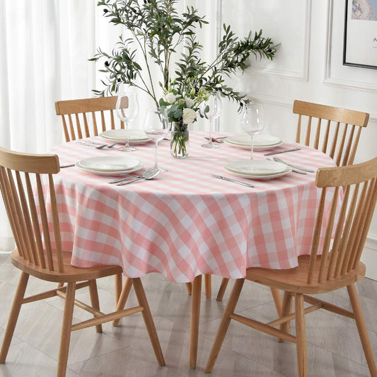 maxmill Round Checkered Tablecloth Spillproof Wrinkle Free Heavy Weight Gingham Table Cloth for Circular Table Cover Buffalo Plaid for Buffet Banquet Parties Holiday Dinner 70 Inch Pink and White