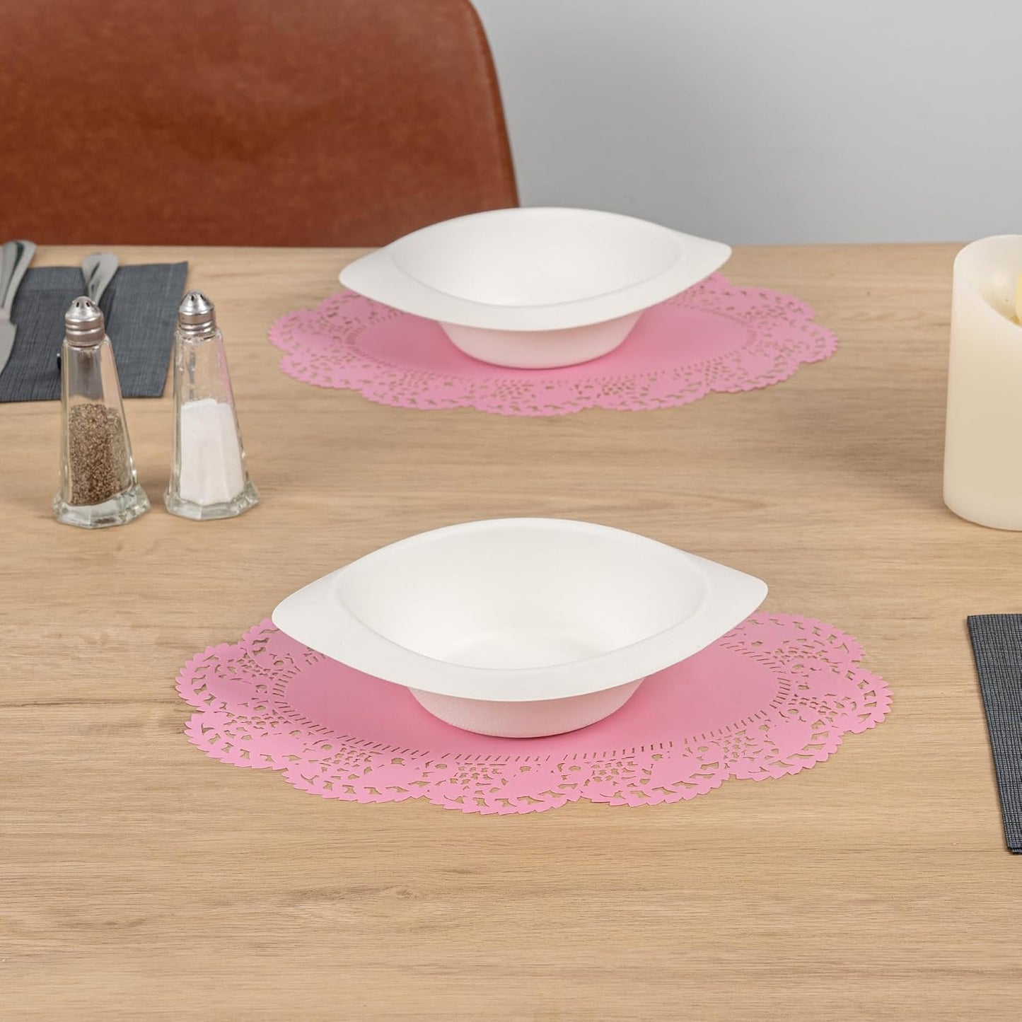 Restaurantware-Pastry Tek 12.5 x 8.5 Inch Paper Lace Doilies, 100 Oval Disposable Table Doilies - Elegant Lace Finish, Long Lasting, Pink Paper Lace Doilies, for Pastries, Cupcakes, Desserts