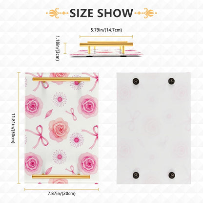 Retro Pink Rose Bow Decorative Food Tray with Handles Flat Serving Tray for Jewelry Perfume for Decorative Food bandejas para comida decorativas
