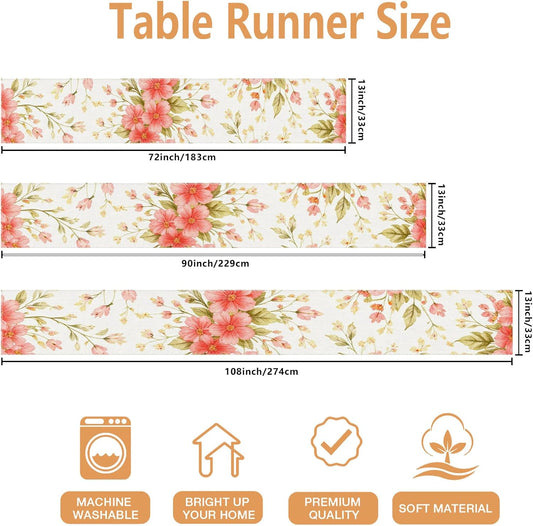 Floral Table Runner, Vintage Peach Flower Botanical Spring Kitchen Dining Decor for Home Family Gatherings Party Supplies 13x72 Inch