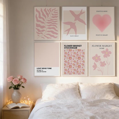 ZYLORI 9 Pcs Pink Preppy Room Decor - 8x10 Unframed Aesthetic Abstract Flower Posters, Pastel Gallery Wall Art, Chic Boho Prints for Teen Girls Bedroom, College Dorm Essentials