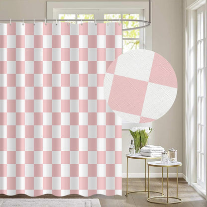 Tititex Aesthetic Checkerboard Grid Pattern Faux Linen Fabric Shower Curtain, White Blush Pink Modern Shower Curtain Sets Decoration 71x71 Inch with 12 Hooks