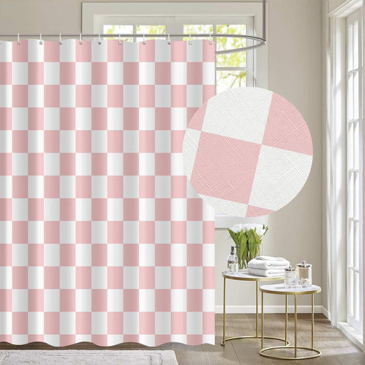 Tititex Aesthetic Checkerboard Grid Pattern Faux Linen Fabric Shower Curtain, White Blush Pink Modern Shower Curtain Sets Decoration 71x71 Inch with 12 Hooks