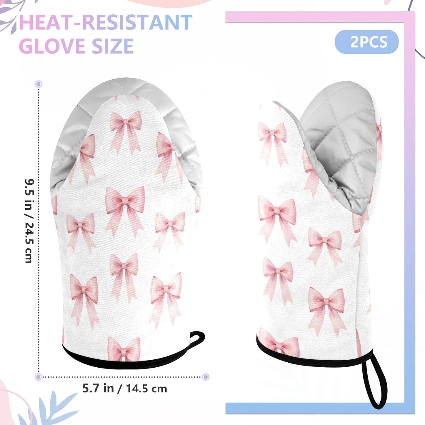 Watercolor Bows Pink Non-Slip Oven Mitts Set Heat Resistant Kitchen Gloves with Quilted Liner Cotton Machine Washable with Hanging Loop for Baking Grilling BBQ