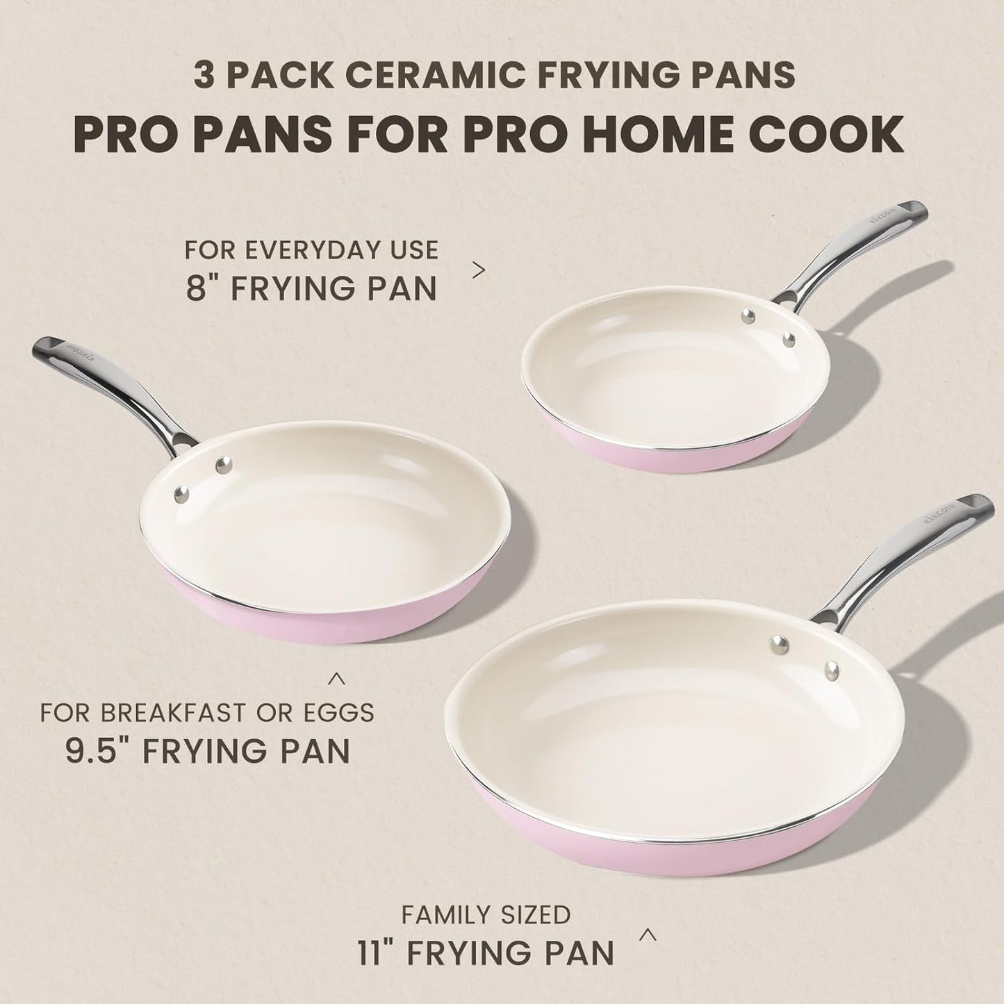 Kikcoin NONSTICK Frying Pans Set - Ceramic Frying Pans with Stay Cool Handle - 3 Sizes Versatile Frying Pans for Cooking (8+9.5+11 inch) - Induction Ready, Oven Safe