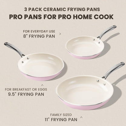 Kikcoin NONSTICK Frying Pans Set - Ceramic Frying Pans with Stay Cool Handle - 3 Sizes Versatile Frying Pans for Cooking (8+9.5+11 inch) - Induction Ready, Oven Safe