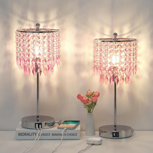 Pink Crystal Lamps, Touch Control Crystal Table Lamp with Dual USB Charging Ports, 3 Way Dimmable Bedside Lamp Decorative Nightstand Lamp for Girls Bedroom, Living Room, B11 LED Bulb Included