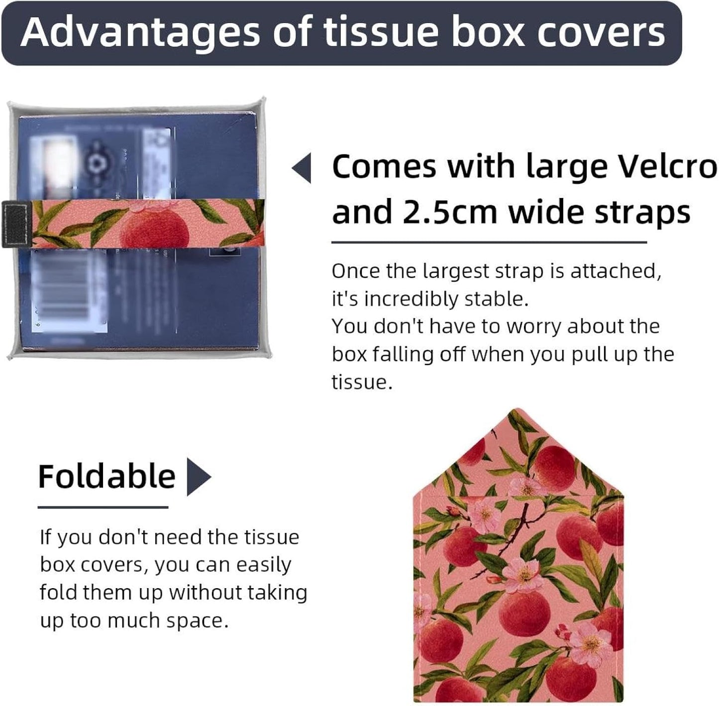 2 Pack Pink Peach Pattern (1) Tissue Box Cover, Square PU Leather Tissue Holder, Decorative Facial Tissue Cube Paper Organizer Dispenser for Bathroom, Night Stands, Desk, Car