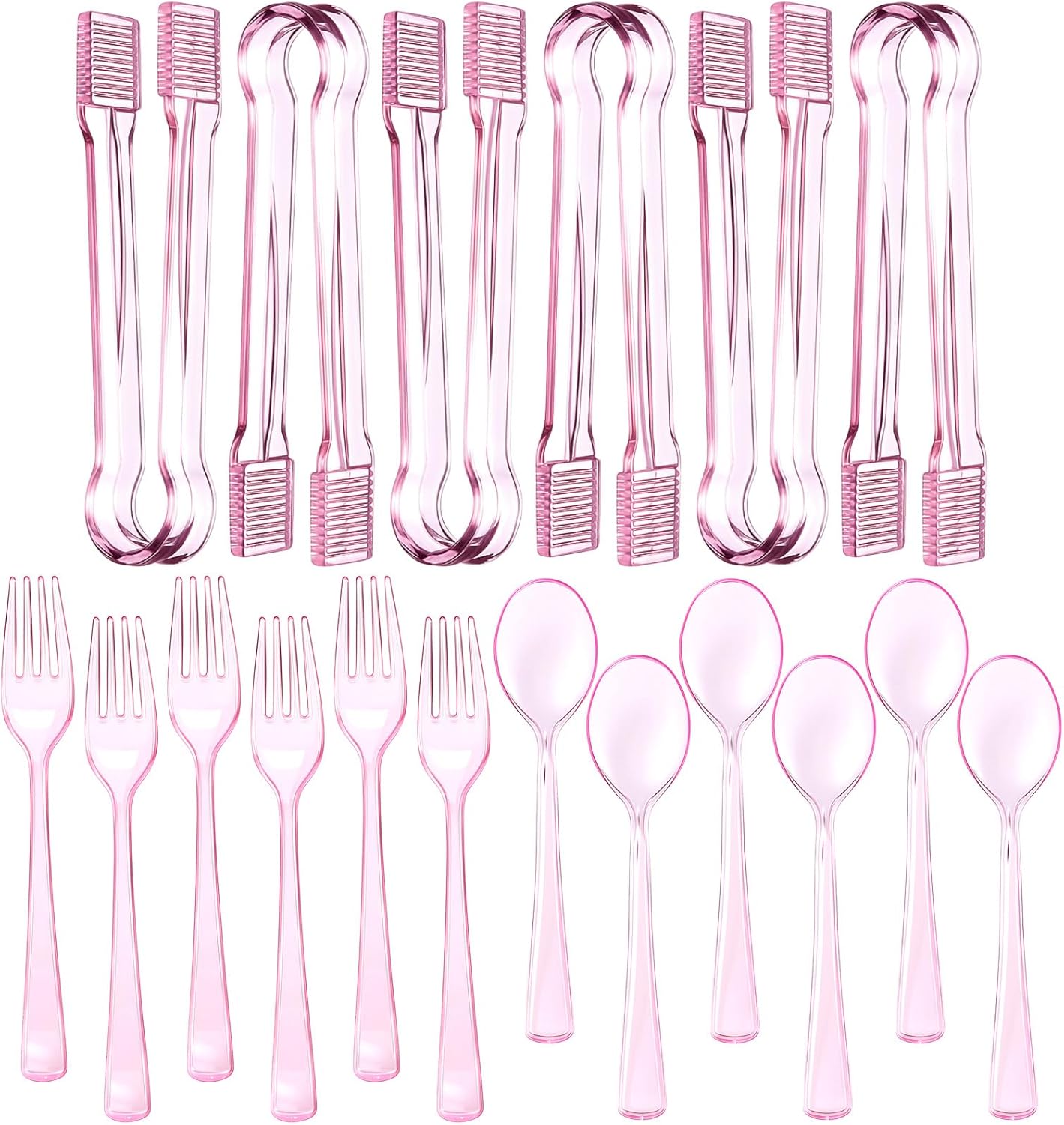 Potchen 18 Pcs Pink Plastic Silverware Set Disposable Clear Mini Serving Utensils 6 Serving Tongs 6 Spoons 6 Forks for Birthday Wedding Baby Shower Bridal Kitchen Food Ice Salad Buffet Party