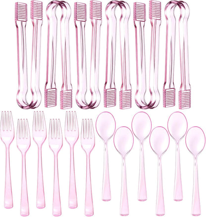 Potchen 18 Pcs Pink Plastic Silverware Set Disposable Clear Mini Serving Utensils 6 Serving Tongs 6 Spoons 6 Forks for Birthday Wedding Baby Shower Bridal Kitchen Food Ice Salad Buffet Party