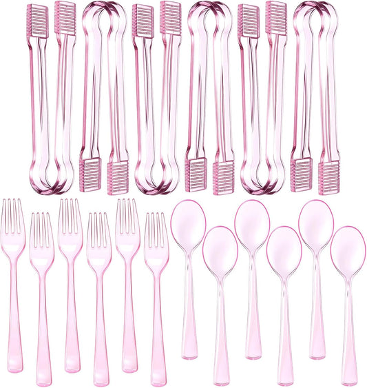 Potchen 18 Pcs Pink Plastic Silverware Set Disposable Clear Mini Serving Utensils 6 Serving Tongs 6 Spoons 6 Forks for Birthday Wedding Baby Shower Bridal Kitchen Food Ice Salad Buffet Party
