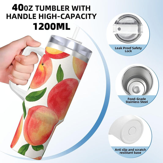 Watercolor Peach 40 Oz Tumbler With Handle And Straw Stainless Steel Insulated Travel Tumblers Leakproof Travel Coffee Mug Coffe Cup Drink Tumbler Cups Gifts For Women Men Lovers
