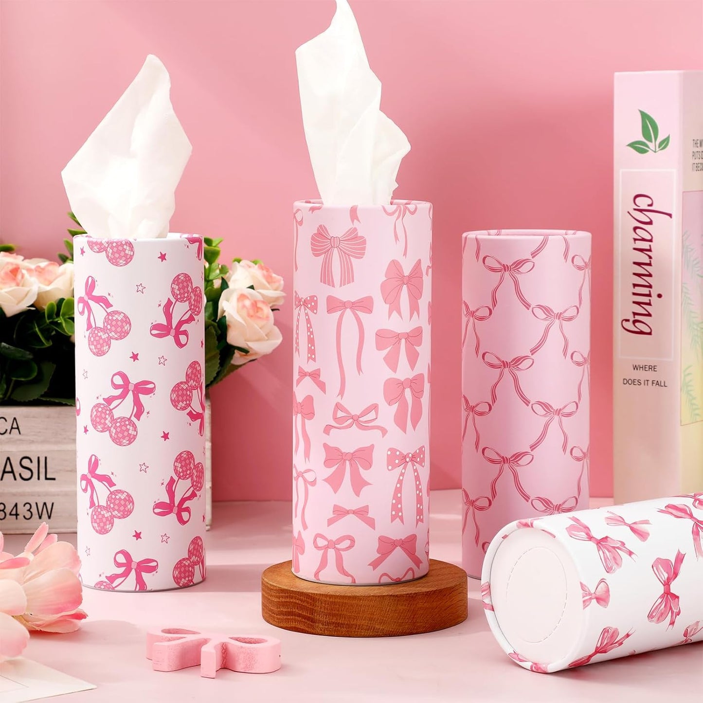 FYSUIMU 16Pcs Pink Bow Car Tissue Holder with Facial Tissue Pink White Bow Round Tissue Tubes for Travel Car Cup Holder Home