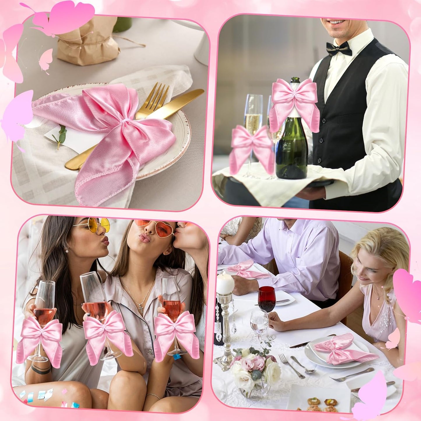 Hahafelt 50 Pcs Pink Bow Napkin Rings Bow Satin Napkins Decors for Girls Women 5 x 5 Inch Coquette Silky Table Decors Bows Theme Party Supplies for Wedding Banquet Birthday Baby Shower Table Decor