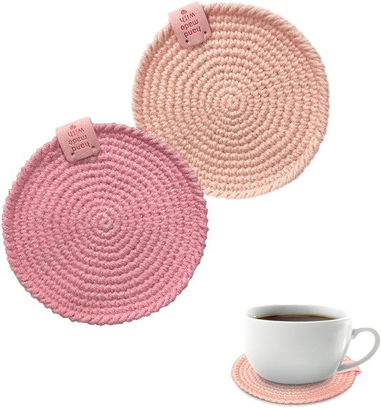 2 PCS 4.33" Rose Pink Crochet Coasters, Vintage Farmhouse Drink Pads | 4.33" Woven Pad, Cute Desk Accessories, Coffee Table Decor, Vintage Farmhouse Style, Glass Cup Coaster, Kitchen & Bar