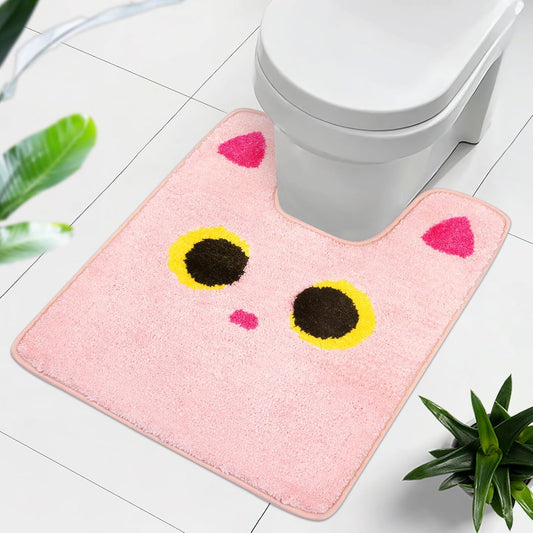 Toilet Rug,Soft Cat Design Toilet Mat,Non Slip and Absorbent Bath Rug,U Shaped Washable Contour Bath Rugs for Toilet Base(Pink, 24" x 20")