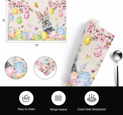 Easter Rabbits Placemats Set of 4, Washable PVC Kitchen Table Mats Place Mats, Weeping Pink Peach Eggs Vintage Beige Spring Woven Vinyl Placemat for Dining Table, 13" x 19"