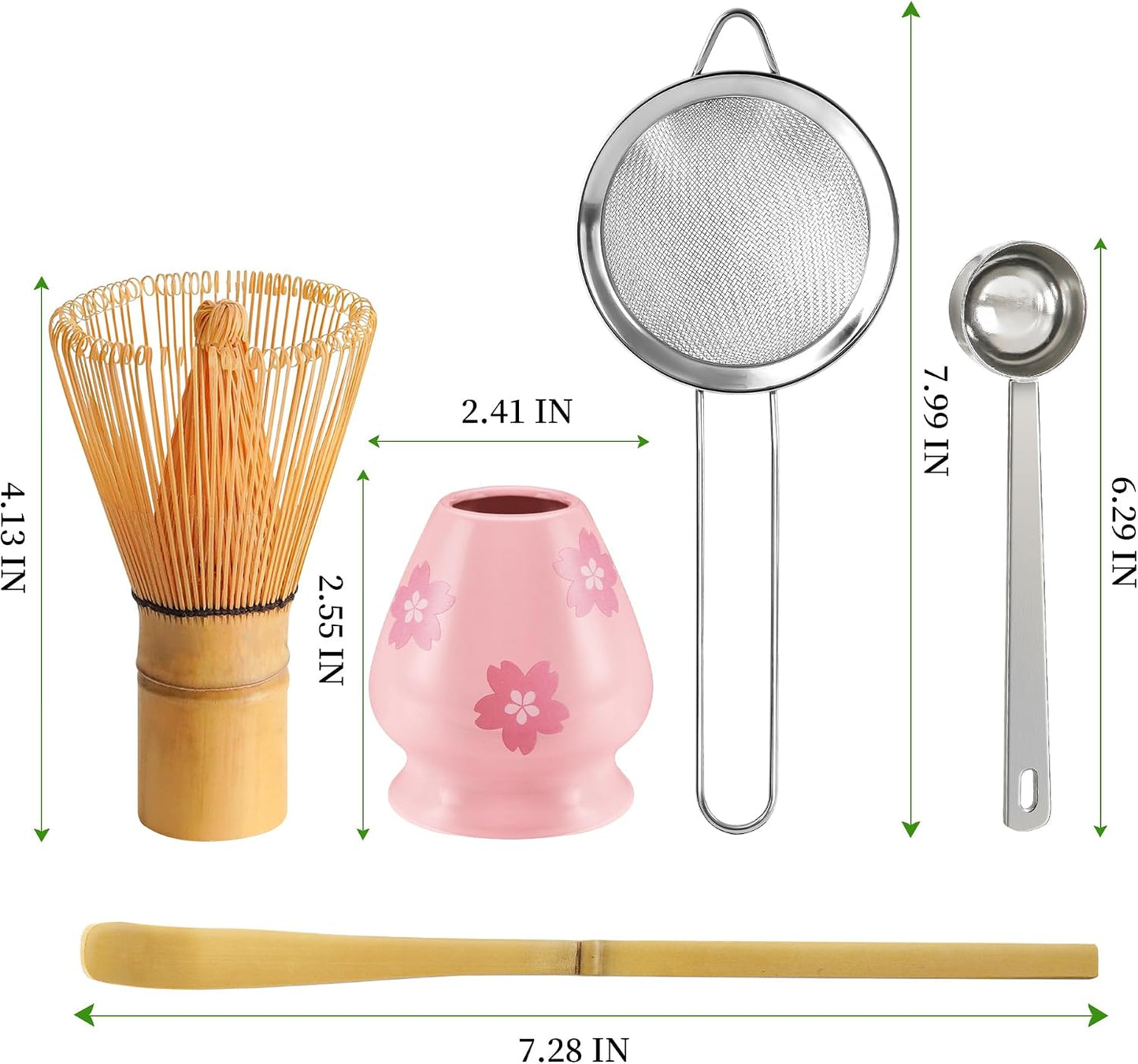 YIBO Matcha Whisk Set, Matcha Making Kit Bamboo Whisk (Chasen), Pink Printing Ceramic Whisk Holder Stand, Sifter, Scoop Japanese Tea Tools For Ceremony Gift