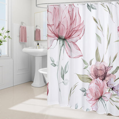 Litabel Pink and Grey Boho Watercolor Floral Shower Curtain, Ink Painting Style Blossom & Leaf Shower Curtains for Chic Elegant Bathroom, Artistic Fabric Cloth Flower Shower Curtain, 72x72