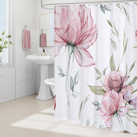Litabel Pink and Grey Boho Watercolor Floral Shower Curtain, Ink Painting Style Blossom & Leaf Shower Curtains for Chic Elegant Bathroom, Artistic Fabric Cloth Flower Shower Curtain, 72x72