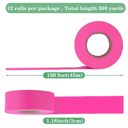12 Pack Fluorescent Pink Flagging Tape, Non-Adhesive Plastic Ribbon Neon Marking Roll, Caution Tape,Tree Marking Tape Hunting Trail Tape, 1-3/16 in. x 150 ft,3.35 Mil