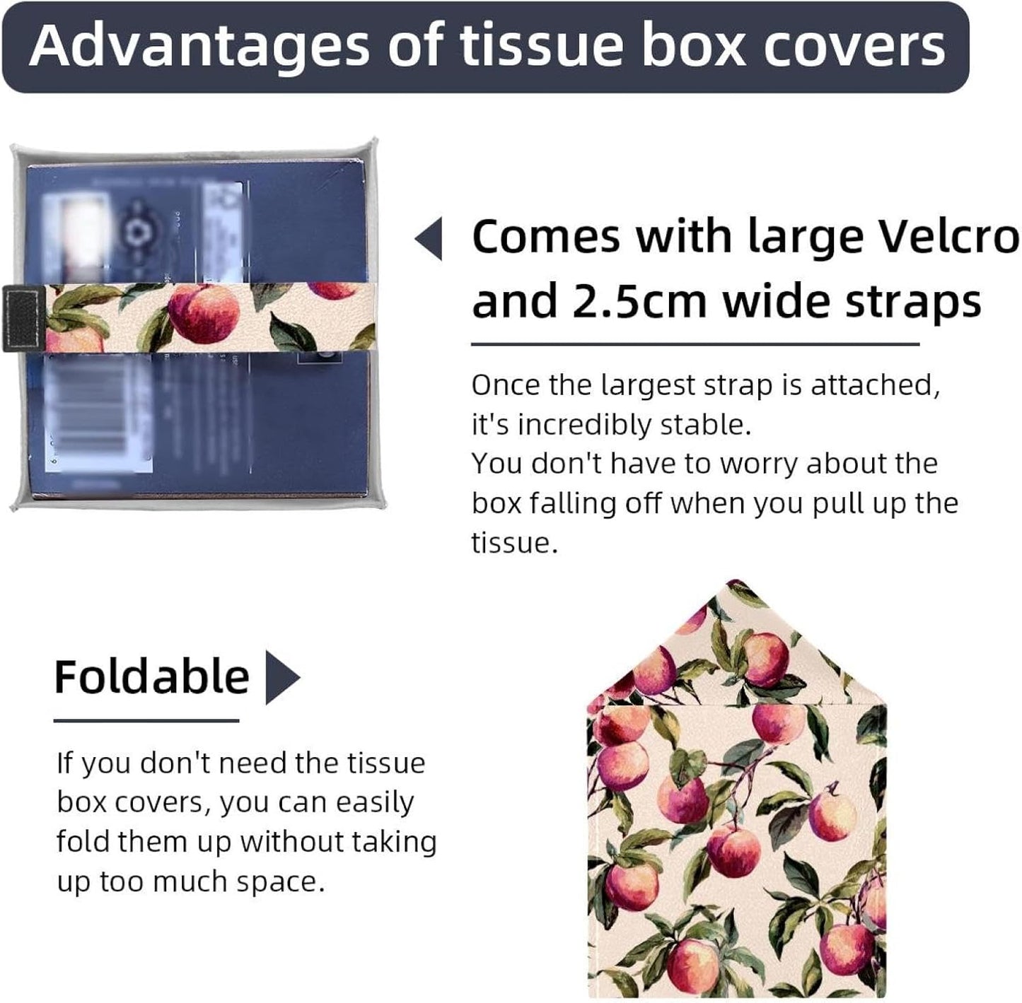 Pink Peach Pattern (2) Tissue Box Holder, PU Leather Tissue Box Cover Square, Paper Facial Decorative Tissues Cover for Night Stands Bathroom Office Home Decor