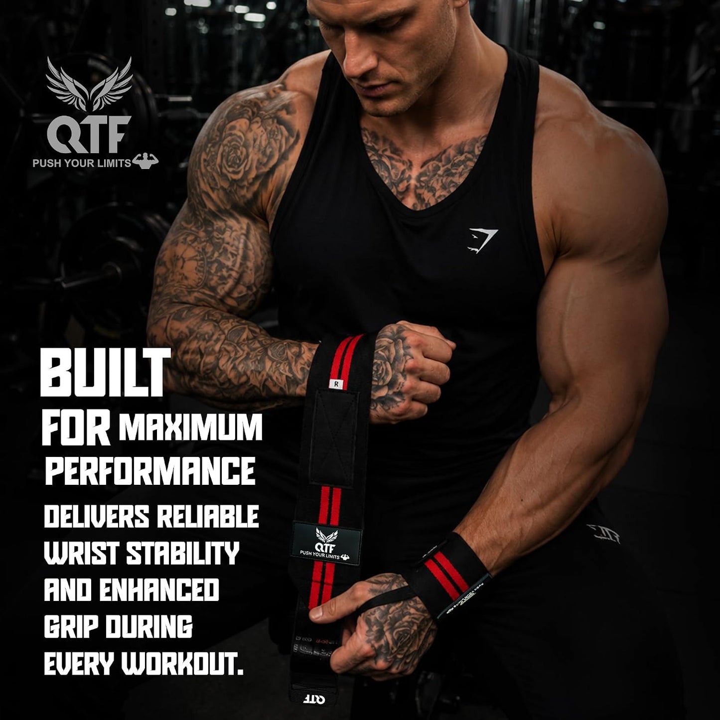 QTF Wrist Wraps for Weightlifting,Powerlifting,12"Heavy-Duty Wrist Support with Thumb Loop. Perfect for Strength Training, Bodybuilding, Dumbbell Lifting, and Wrist support. Includes a free Shark Pad