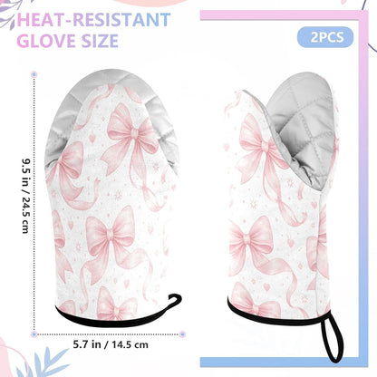 Bows Watercolor Pink Non-Slip Oven Mitts Set Heat Resistant Kitchen Gloves with Quilted Liner Cotton Machine Washable with Hanging Loop for Baking Grilling BBQ