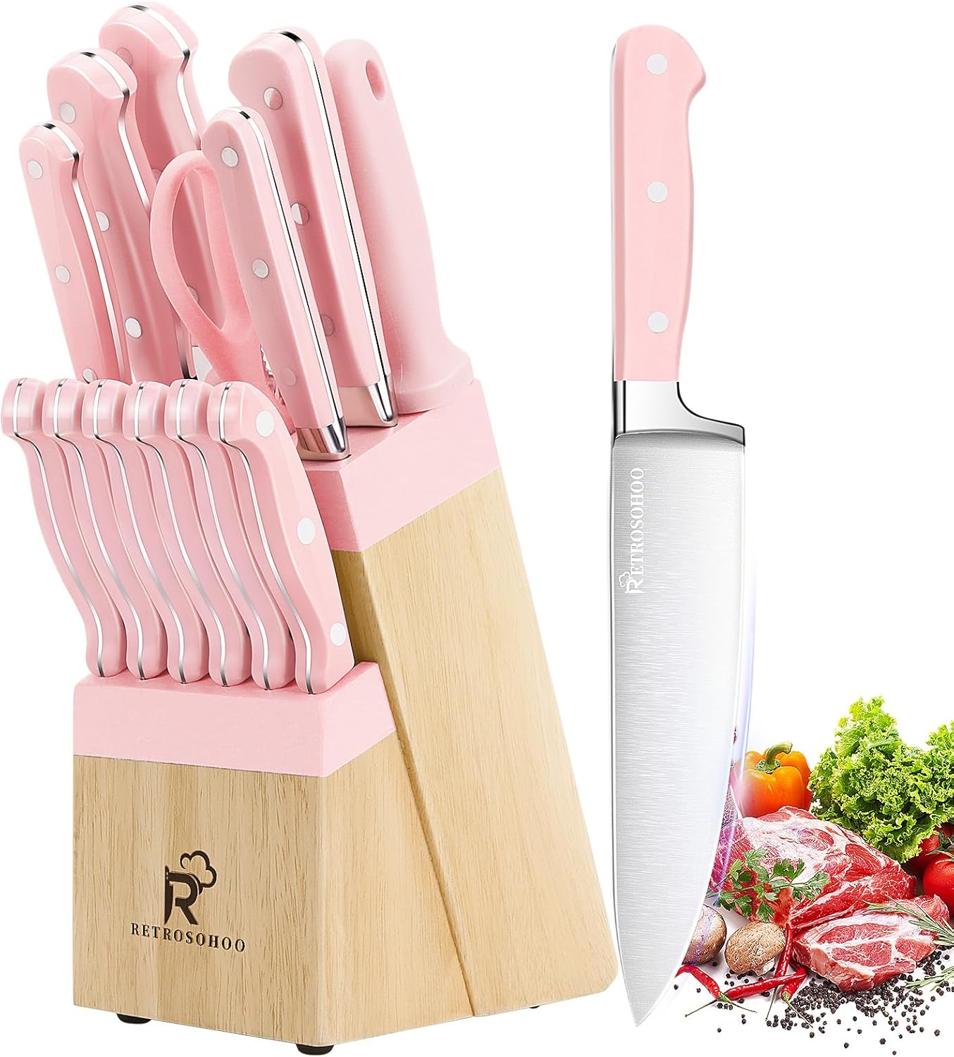 14-Piece Pink Triple Riveted Cooking Knife Set, High Carbon-Stainless Steel Knife Block Set, Razor-Sharp Knife Set with Wood Block, Cutlery Chef Knives Set, Dishwasher Safe