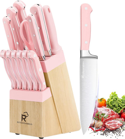 Kitchen Knife Set,14-Piece Triple Riveted Knife Block Set, High Carbon-Stainless Steel Chef Knife set,Razor-Sharp Knife Set with Wood Block,Cutlery Knife Set,Durable & Dishwasher Safe (Pink)