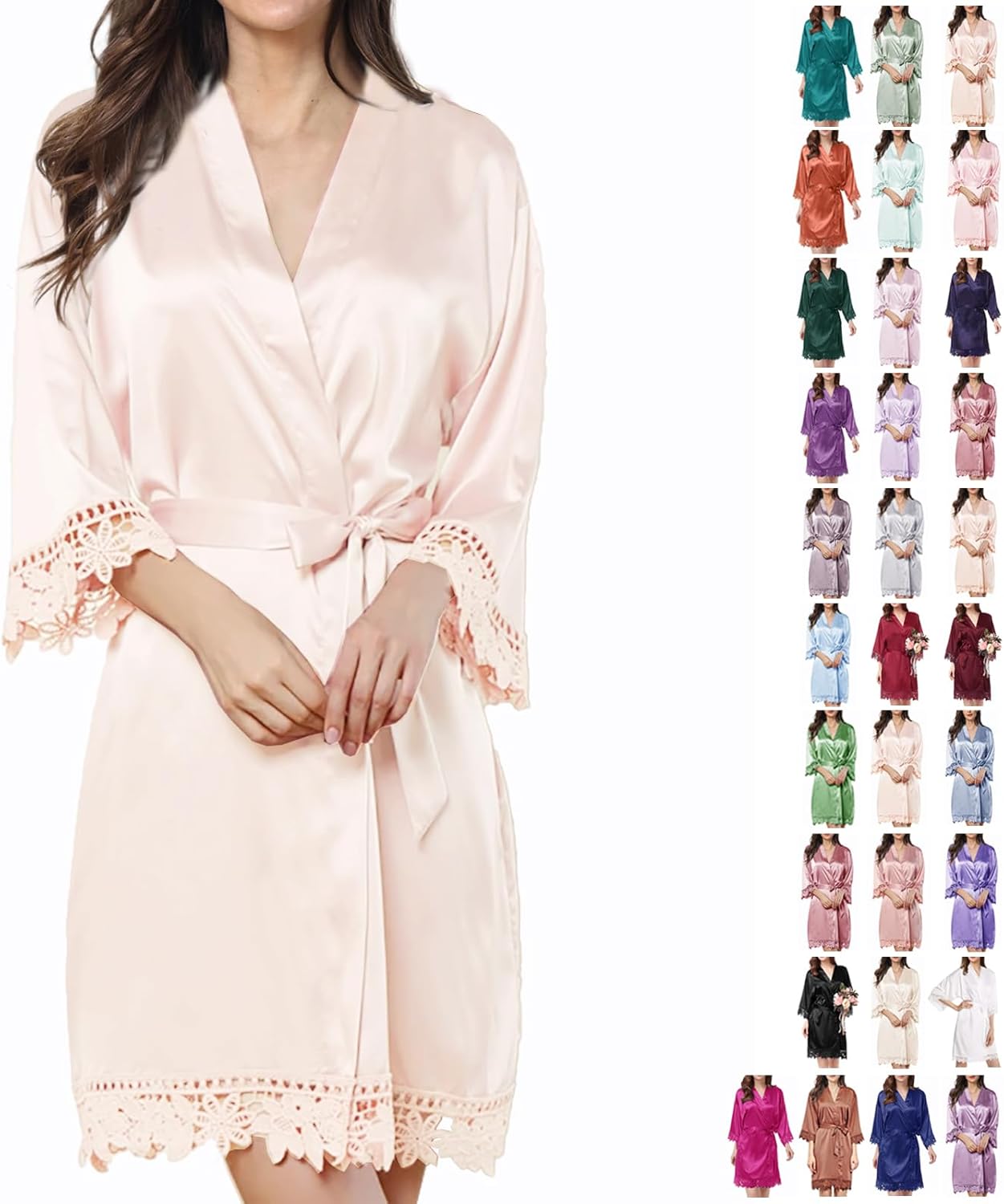 WJing Yi Jia Womens Silk Robe Satin Robe Silky Kimono Lace Bathrobe Wedding Dressing Gown For Bridal Bride Bridesmaid Robes
