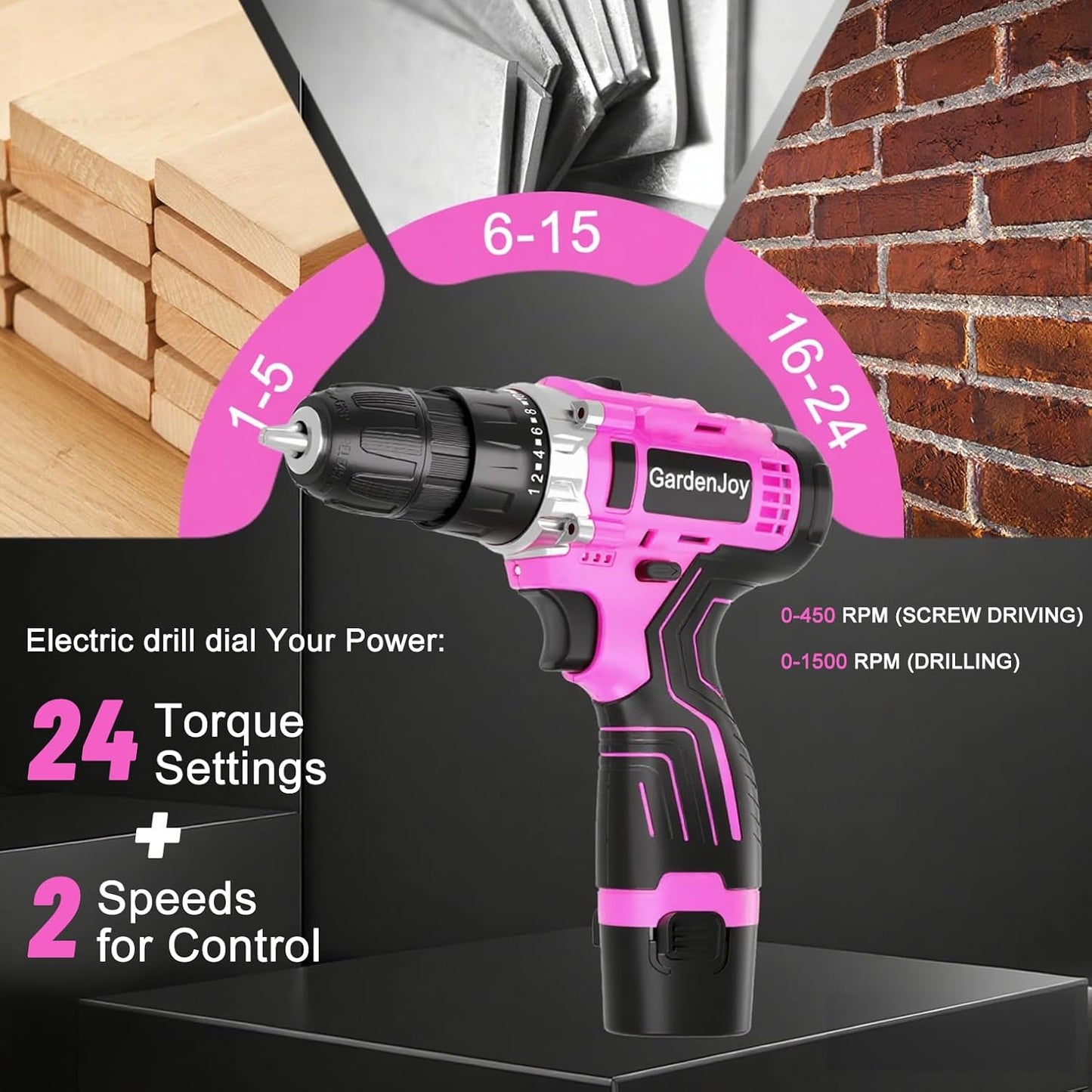 12V Pink Drill Driver Set, Women's Lightweight, 2 Batteries + Fast Charger, 2-Speed, 3/8" Keyless Chuck, 25 Torque Settings, LED for Metal/Wood DIY