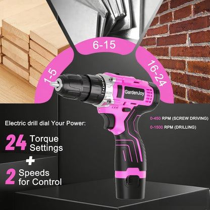 12V Pink Drill Driver Set, Women's Lightweight, 2 Batteries + Fast Charger, 2-Speed, 3/8" Keyless Chuck, 25 Torque Settings, LED for Metal/Wood DIY
