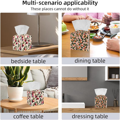 2 Pack Pink Peach Pattern (2) Tissue Box Holder Cover Square Leather Tissue Organizer Portable Decorative Facial Paper Case