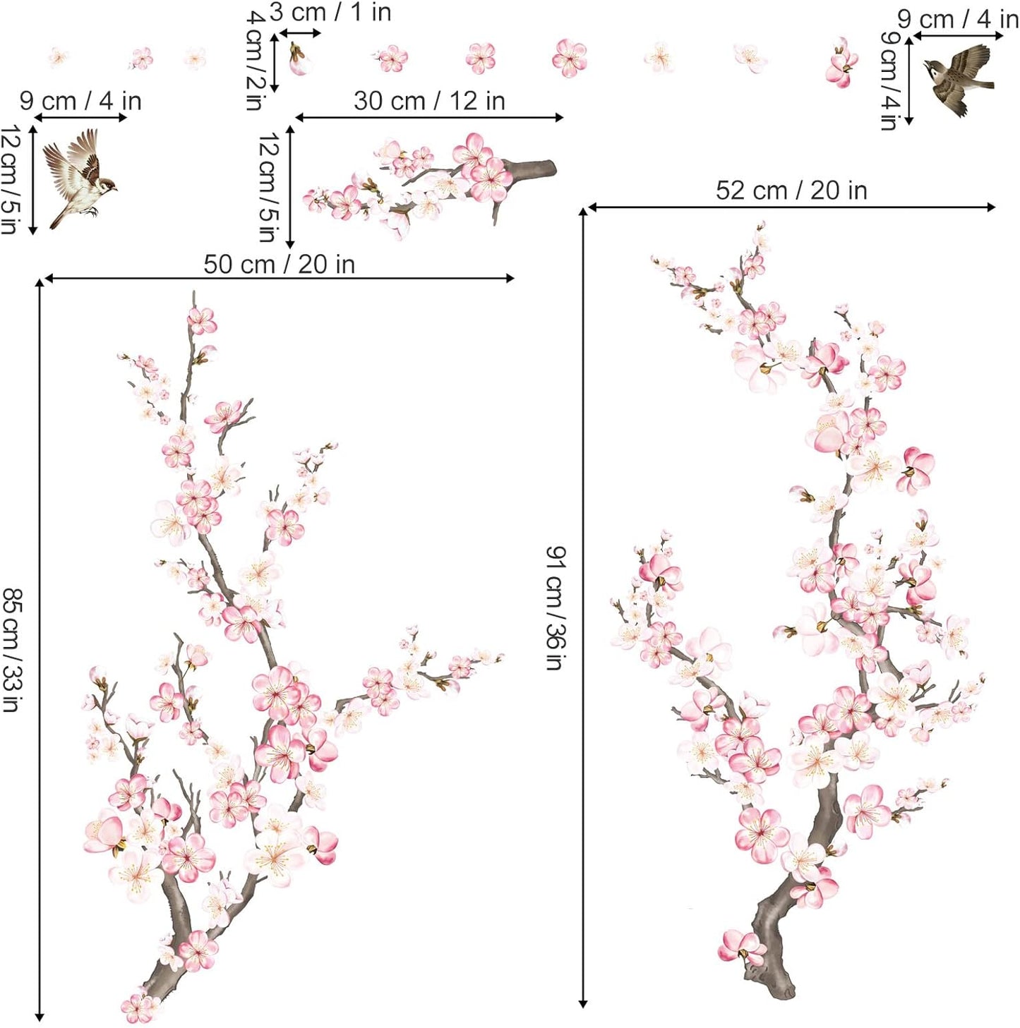 wondever Cherry Blossom Wall Stickers Pink and White Flower Tree Branch Peel and Stick Wall Art Decals for Living Room Bedroom TV Wall