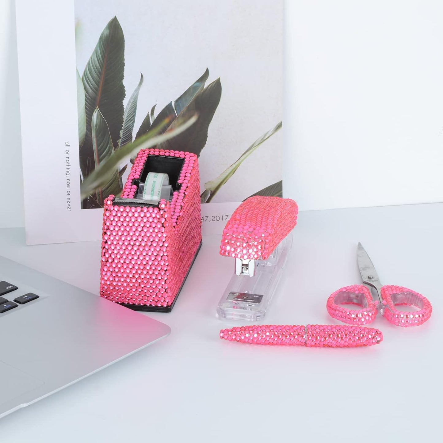 Office Stationery Set,Desk Accessory Kit, Home Office Necessary- Stapler & Desktop Tape Dispenser & Ballpoint Pens & Scissor 4 Piece Office Desk Accessories Kits(Pink)