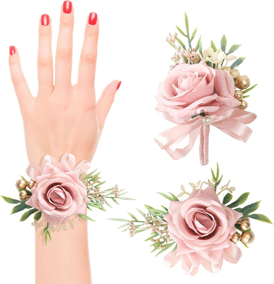 2 Pcs Pink Rose Wrist Corsage and Boutonniere Set, Rose Corsage Hand for Women, Boutonniere for Men Wedding Artificial Flowers Accessories Prom Decor, Wedding Party Accessories (Pink)