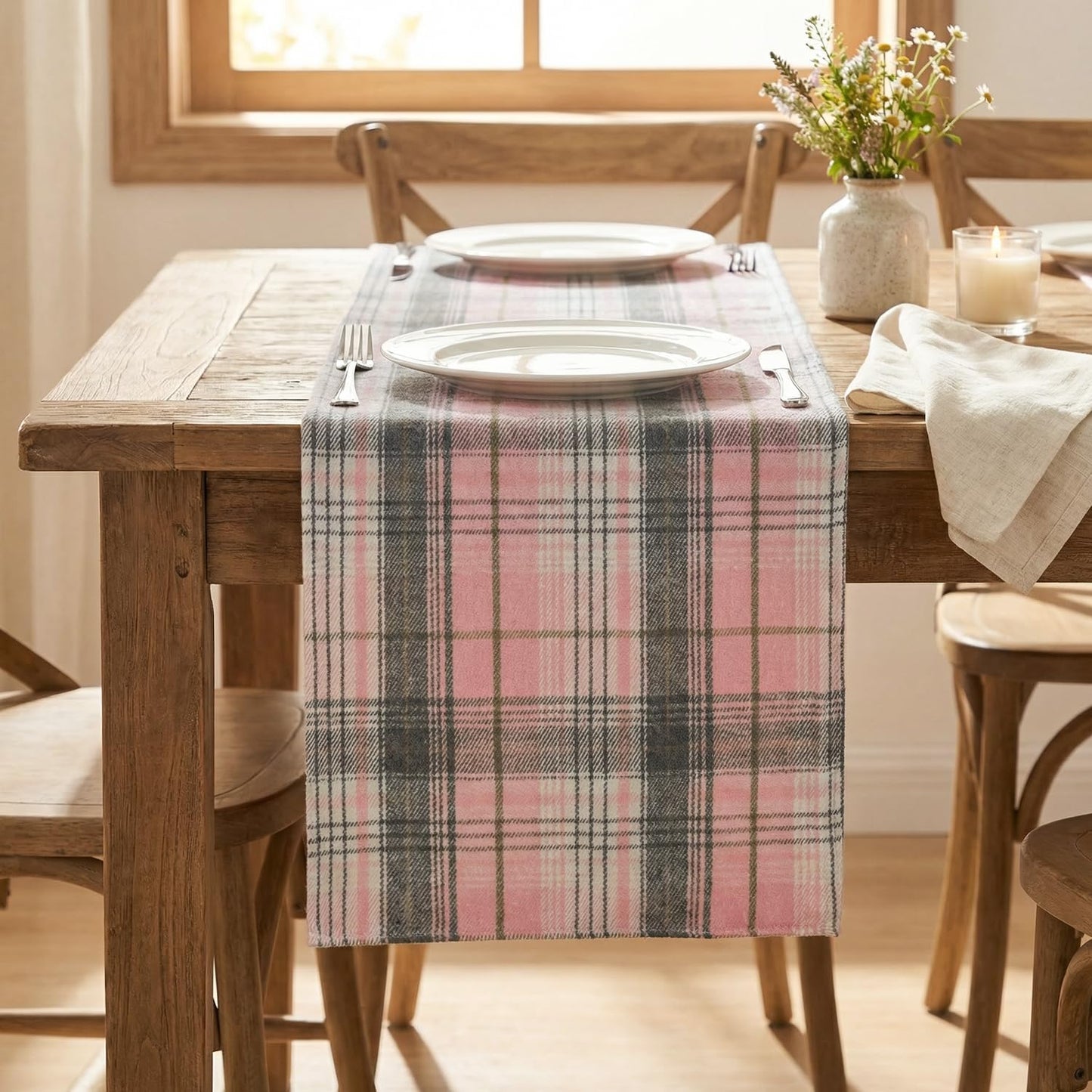 Artoid Mode Pink Grey Farmhouse Plaid Spring Table Runner, Winter Rustic Holiday Check Kitchen Dining Table Decoration for Home Party Decor 13x72 Inch