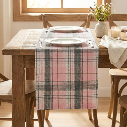 Artoid Mode Pink Grey Farmhouse Plaid Spring Table Runner, Winter Rustic Holiday Check Kitchen Dining Table Decoration for Home Party Decor 13x72 Inch