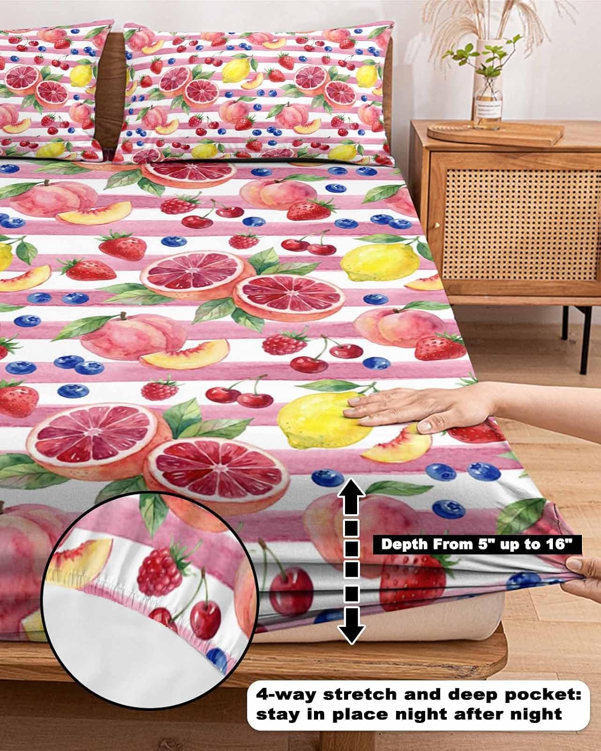 Fitted Sheets Elastic Deep Pocket Bed Sheet Queen Summer Peach Lemon Grapefruit Soft Brushed Microfiber Bed Sheets Set, Blueberry Strawberry Pink Stripe Mattress Cover Up Fitted Sheet Pillowcase