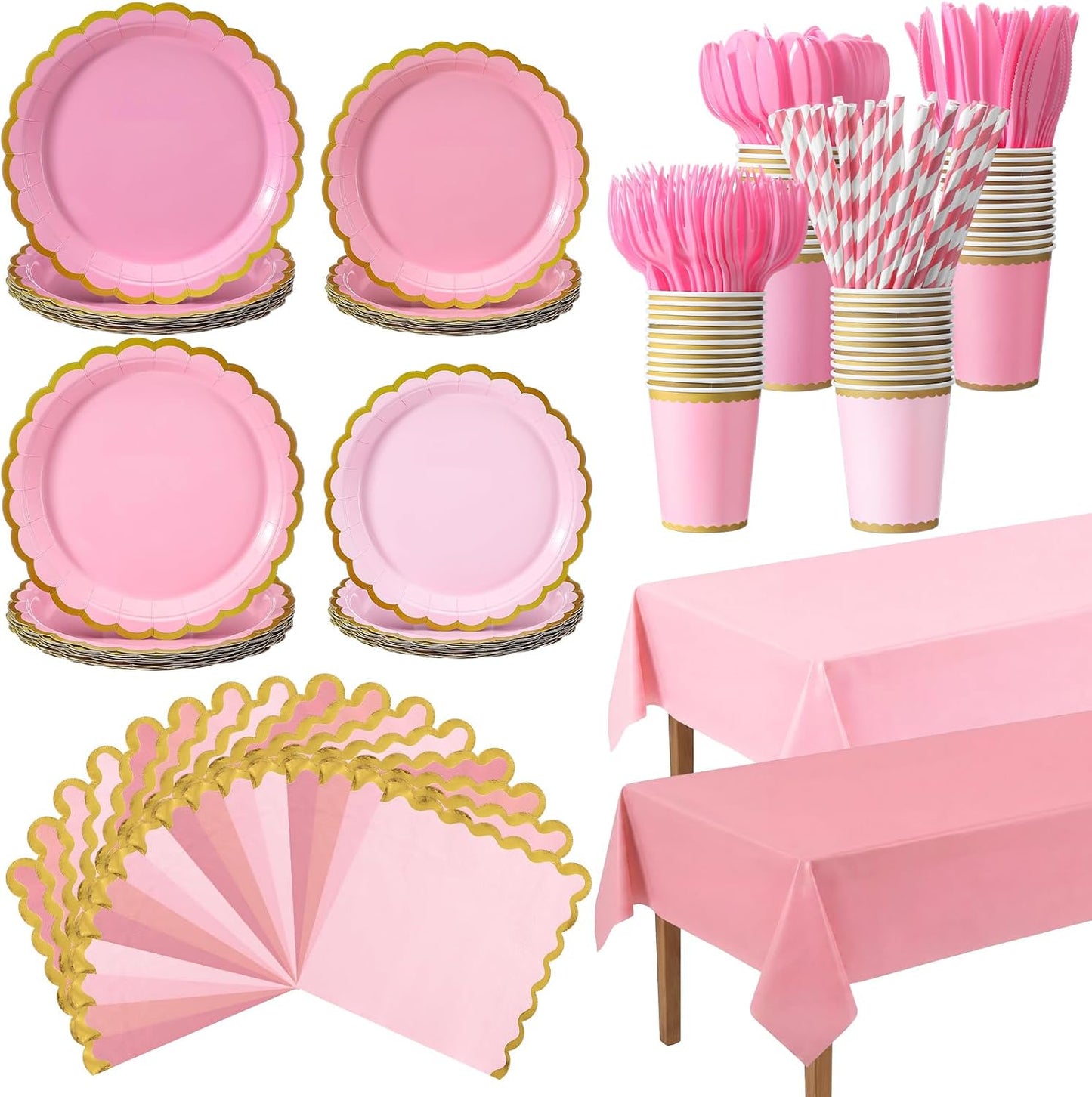 Vesici 452 Pcs Pink Party Supplies Set for 50 Guests 9'' 7'' Paper Plates Napkins Tablecloths 9 oz Cups Cutlery Straws Disposable Tableware for Girls Birthday Baby Shower Wedding Tea Party Decoration